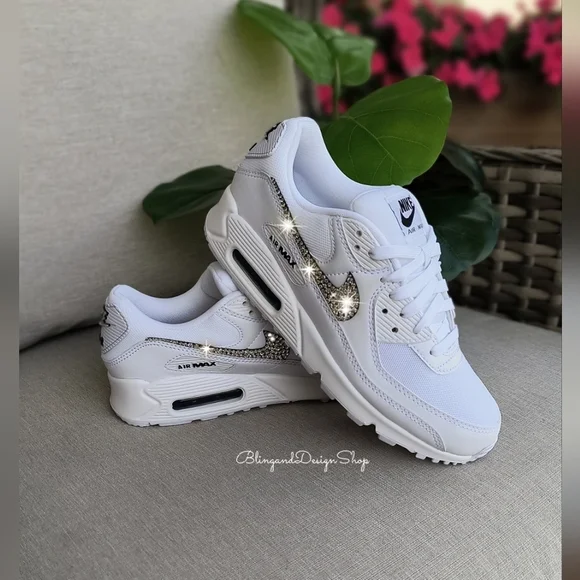 Women's Bling Nike Air Max 90 White Sneakers Shoes made with Swarovski C… - Picture 4 of 5